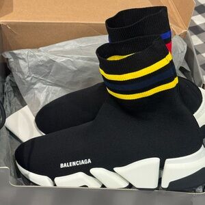Balenciaga Black Sock Sneakers with Yellow and Blue Stripes